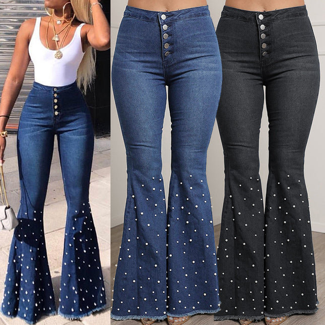 Wholesale Women's High Waist Elastic  Loose Beaded Flared Jeans