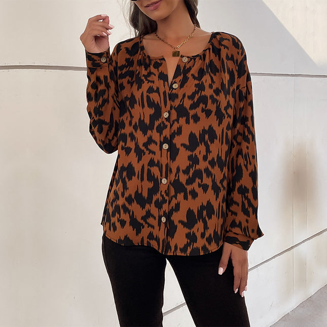 Wholesale Ladies Autumn Winter Top Long Sleeve Leopard Print Shirt