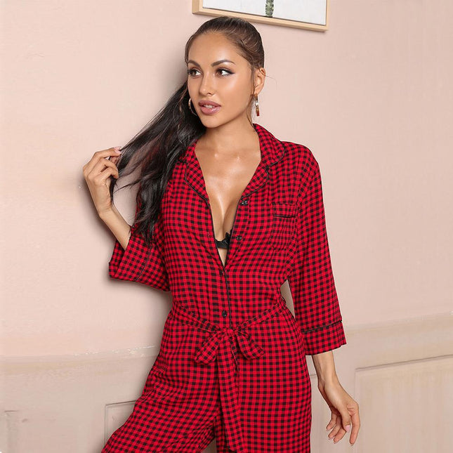 Pyjama Langarm V-Ausschnitt Plaid Overall Loungewear