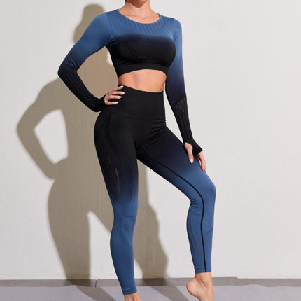 Wholesale Ladies Gradient Sport Yoga Long Sleeve Top Leggings Two-Piece Set
