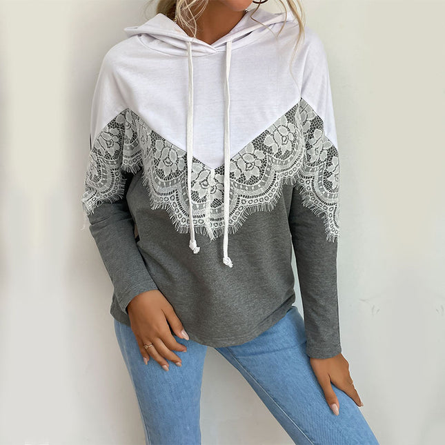 Wholesale Ladies Autumn Long Sleeve Lace Stitching Hooded Hoodie