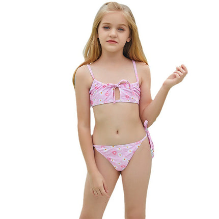 Rosafarbener zweiteiliger Badeanzug für Kinder mit floralem Sling-Bikini