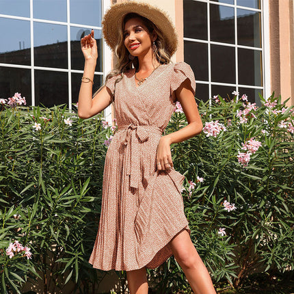 Wholesale Women's Summer Printed Skirt Pleated V Neck Dress