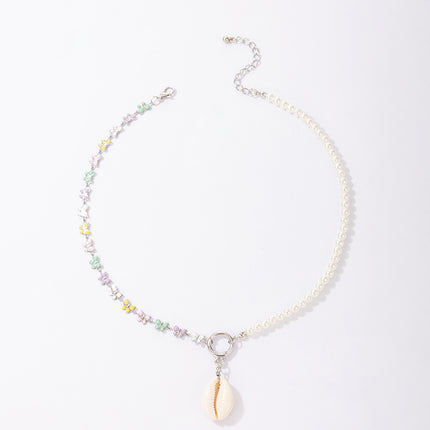 Simple Fashion Asymmetrical Pearl Colorful Flower Shell Pendant  Necklace
