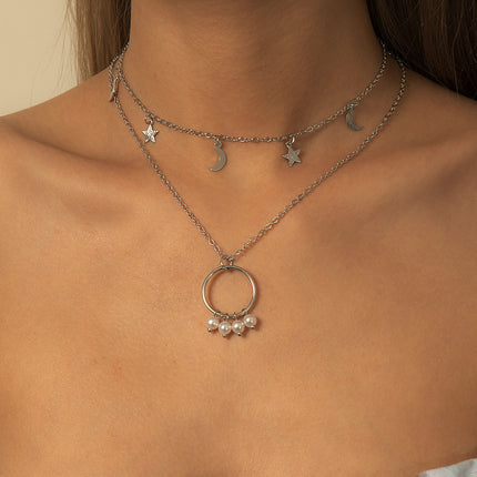 Kreis-Perlen-Halskette Stern-Mond-Anhänger Schlüsselbein-Halskette