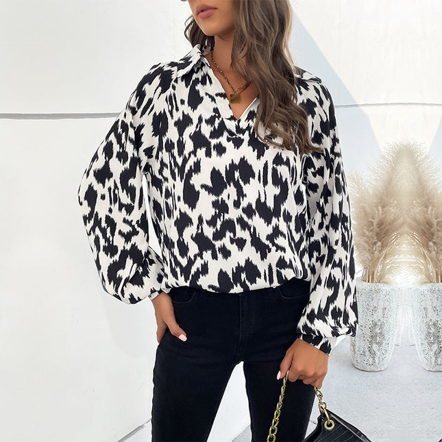 Camisa de leopardo de manga larga con solapa de primavera para mujer