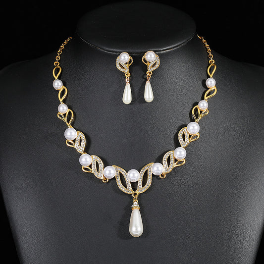 Pearl Necklace Earrings Set Fashion Alloy Drop Shape Bridal Jewelry Accessories