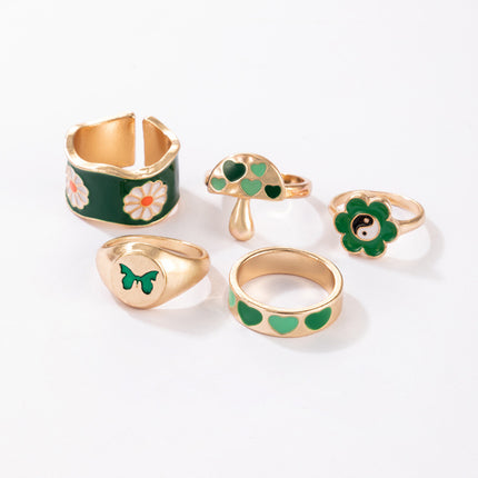 Color Love Flower Pastoral Style Butterfly Mushroom Tai Chi Five-Piece Ring Set