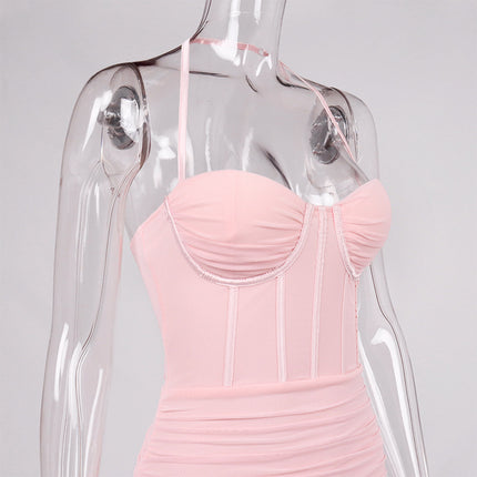 Summer Fishbone Fold Backless Tight Bag Hip Suspender Dress