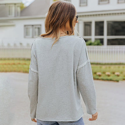 Women's Solid Color Long Sleeve V Neck Pocket Loose T-Shirt