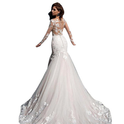 Langärmliges, schmales Meerjungfrau-Hochzeitskleid mit Schleppe