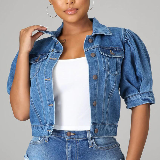 Wholesale Women's Autumn Blue Washed Short Sleeve Denim Jacket Top