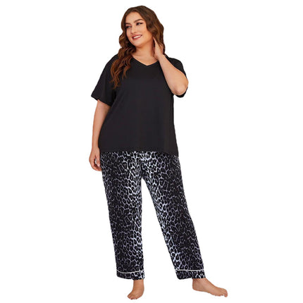 Wholesale Plus Size Ladies Pajamas Season Leopard Print Short Sleeve Trousers Homewear Set