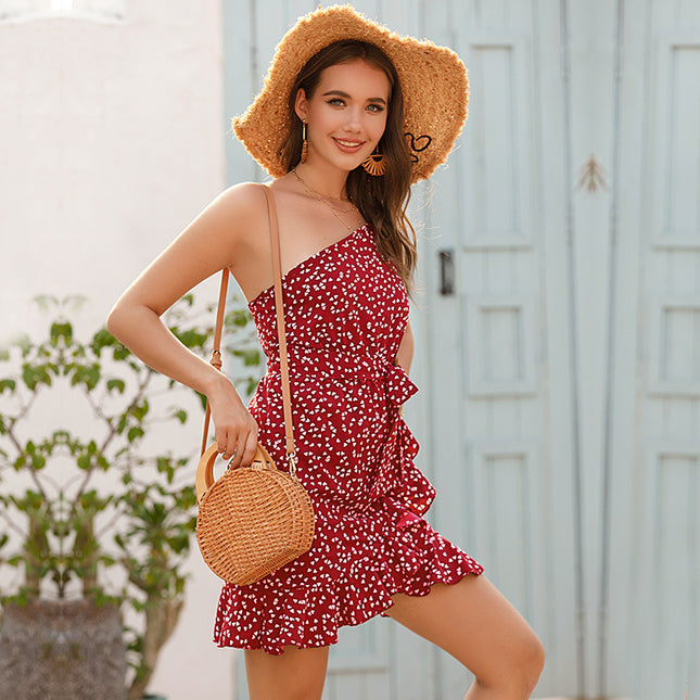 Wholesale Women‘s Summer Floral Slanted Shoulder Strapless Strap Dress