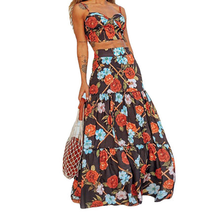 Wholesale Women's Summer Print Backless Sling Sleeveless Vest Skirt Two Piece Set