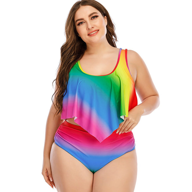 Damen Bikini Print Split Gradient übergroßer Rüschen Badeanzug
