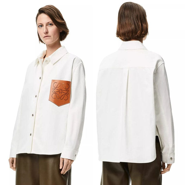 Women's Hollow Pocket White Denim Shirt Blouse