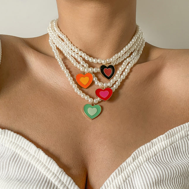 Nectarine Peach Heart Simple Imitation Pearl Clavicle Necklace