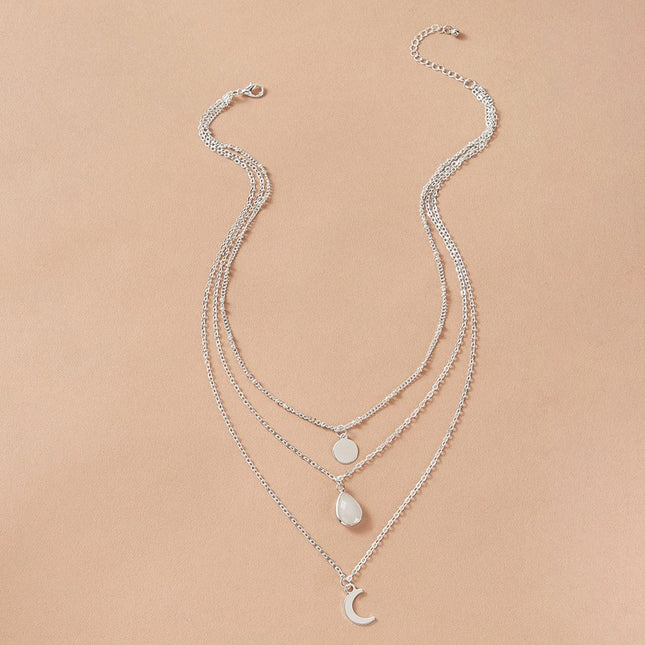 Wholesale Moon Disc Imitation Jade Inlaid Triple Layer Necklace