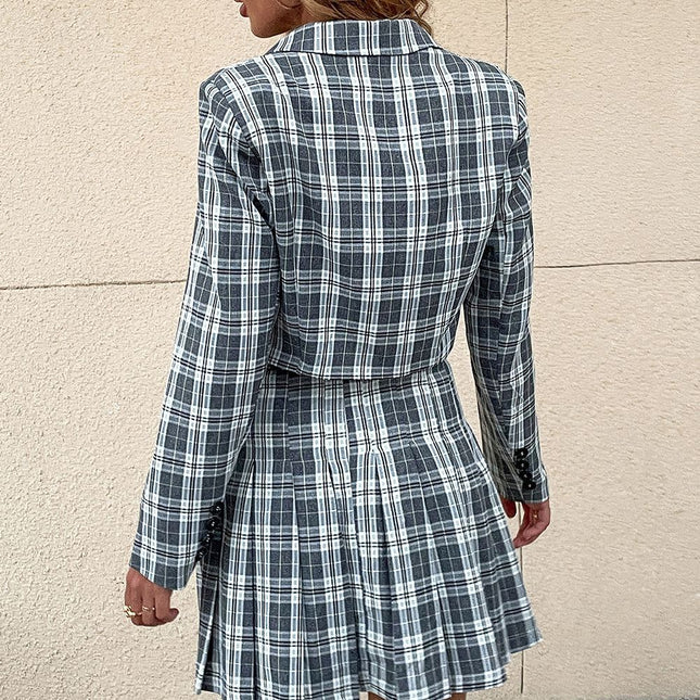 Wholesale Women's Fashion Loose Casual Check Blazer Skirt Two Piece Set
