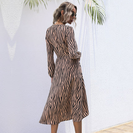 Wholesale Women's Autumn Zebra Print Lace Up Wrap Long Sleeve Dress