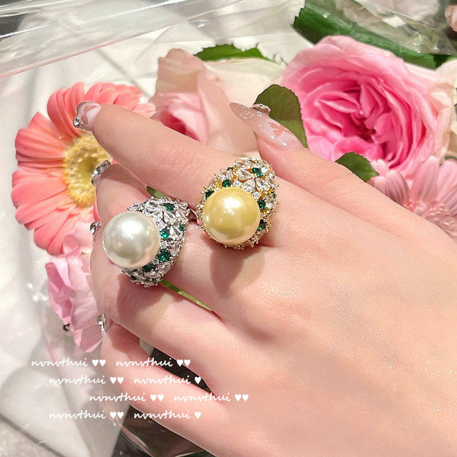 Flower Pearl Ring 18K Gold Plated Seawater Shell Bead Zircon Ring