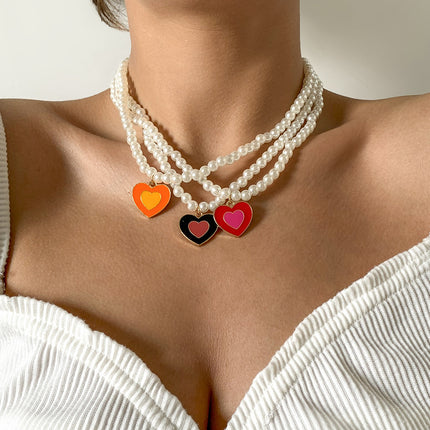 Nectarine Peach Heart Simple Imitation Pearl Clavicle Necklace