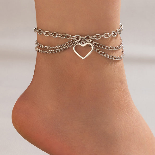 Gold Heart Chain Anklet Fringed Snake Pendant Triple Anklet