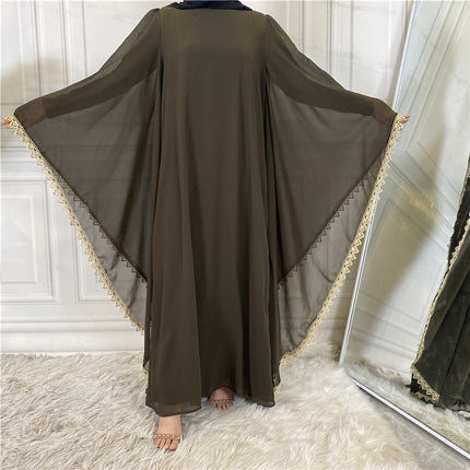 Bata de manga larga con lazo suelto y costura de encaje para damas musulmanas