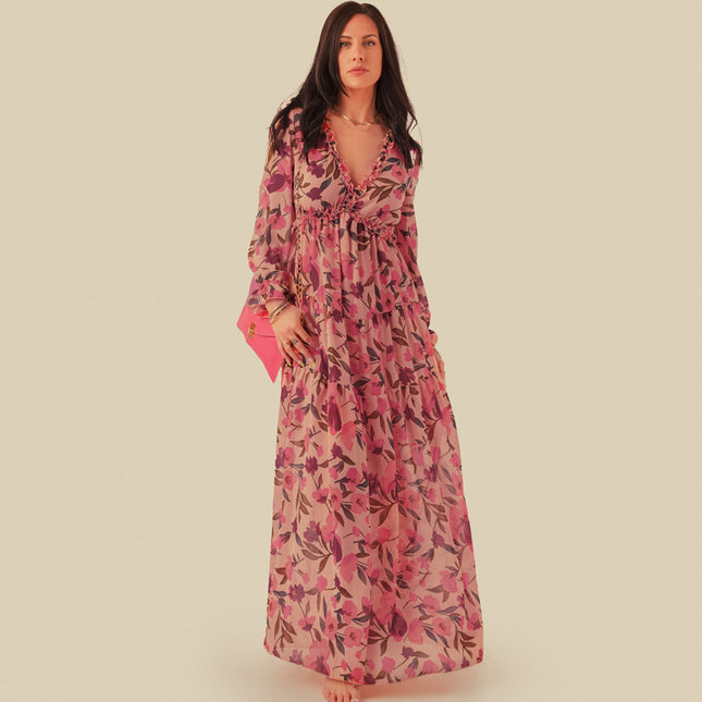 Wholesale Women's V-Neck Ruffle Puff Sleeve Floral Dress