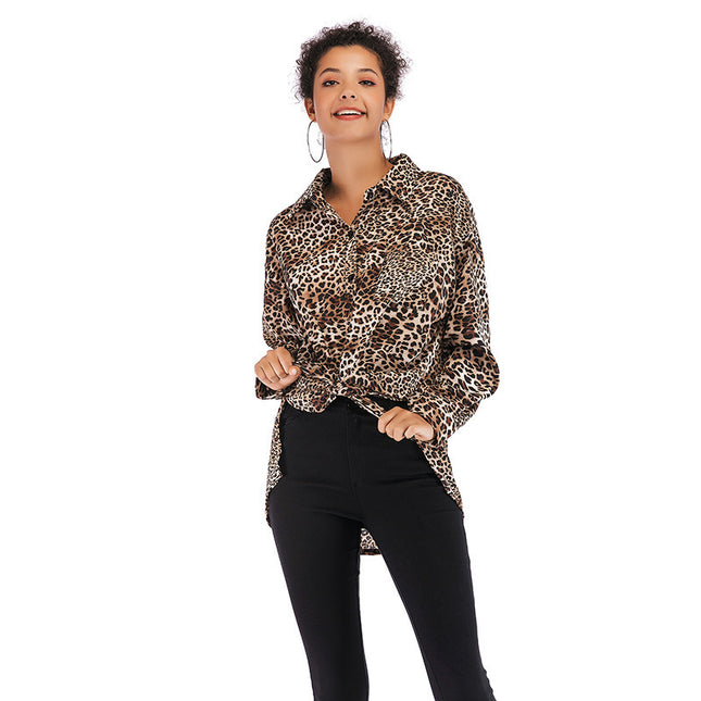 Camisa de mujer de manga larga con cárdigan de gasa con estampado de leopardo de otoño