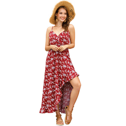 Wholesale Women's Summer Long Floral Suspender Ruffled Heart Neck Dress