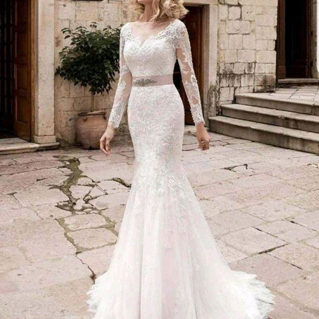 Wholesale Mermaid Tail Waist Diamond Long Sleeve Wedding Dress