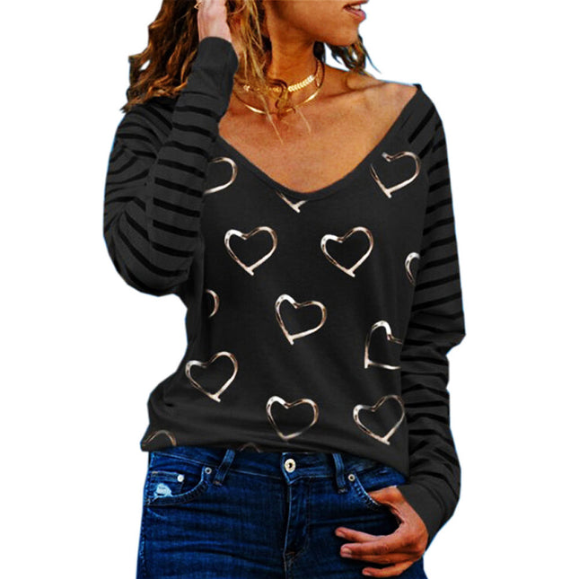 Camiseta de manga larga con estampado de corazones para mujer de talla grande