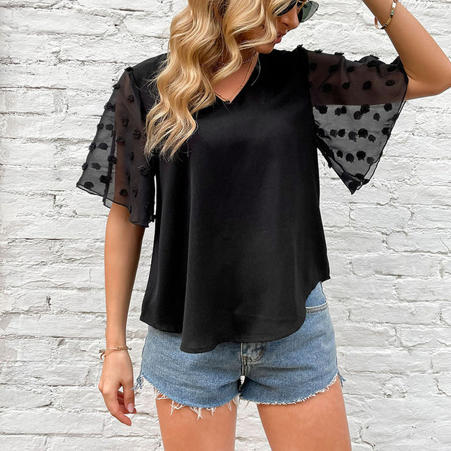 Sommer-Damen-Schwarz-Kurzarm-Netzhemd mit V-Ausschnitt