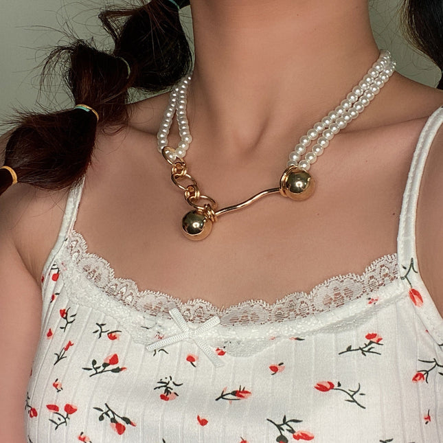 Collar de perlas de cadena Collar de bolas de oro pequeño de metal Cadena de clavícula