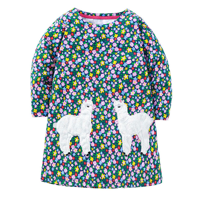 Kinderkleid Rundhals Mädchen Herbst Baumwolle Blumenkleid