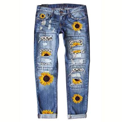 Wholesale Women's Sunflower Leopard Print Mid Waist Ripped Jeans