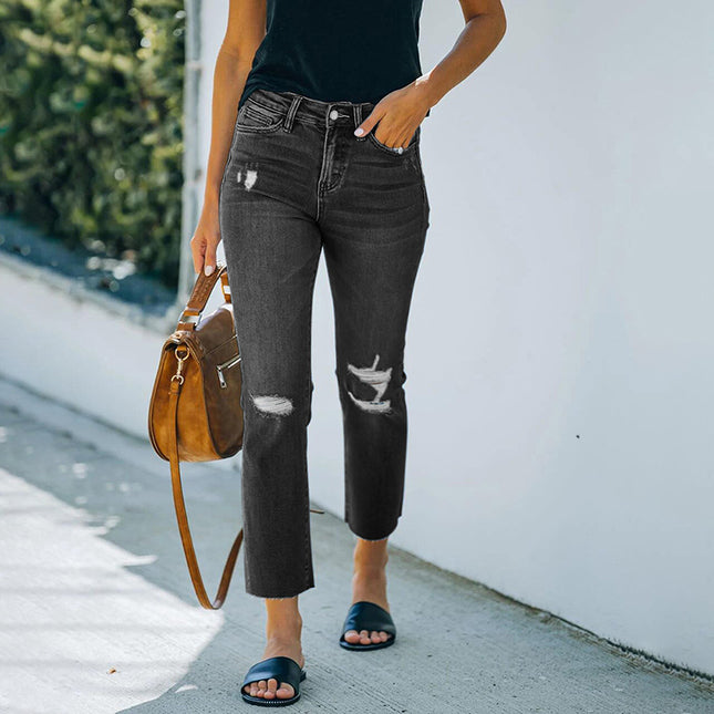 Jeans recortados de cintura alta con cintura alta y rasgados para mujer