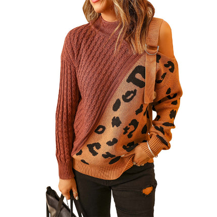 Schulterfreier asymmetrischer Pullover Pullover mit Leopardenmuster