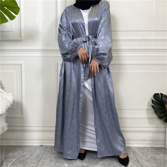 Muslimische Kleidung Bedruckte Satin-Langarm-Feder-Strickjacke