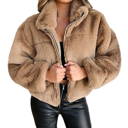 Wholesale Women's Plus Size Rabbit Faux Fur Zipper Plush Jacket