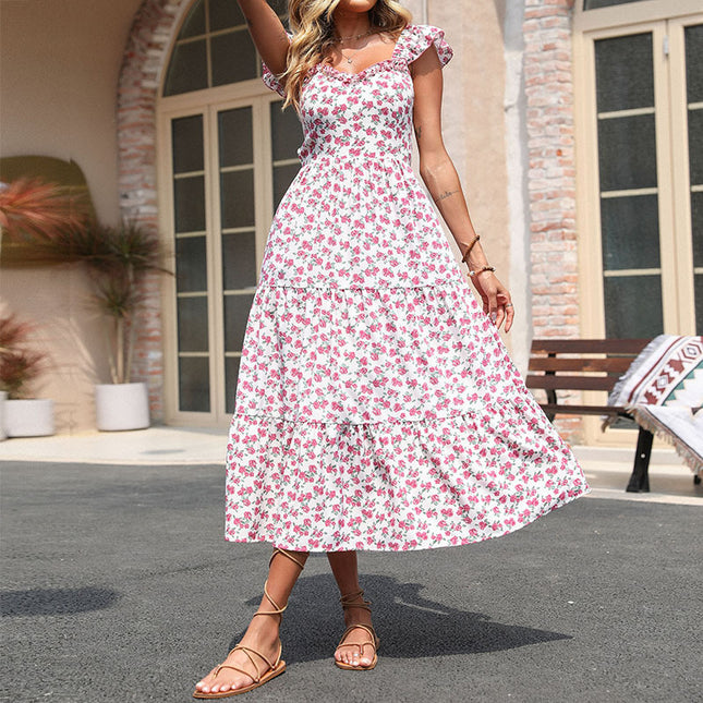 Wholesale Women's Summer Bellflower Dress Ruffle Sleeveless Backless Floral Dress