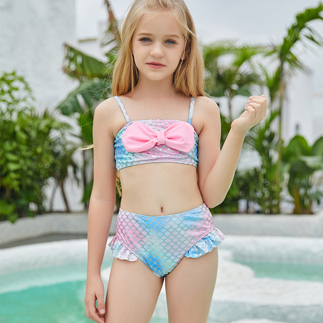 Zweiteiliger Badeanzug für Kinder, Mädchen, Bikini, Schleife, Rüschen