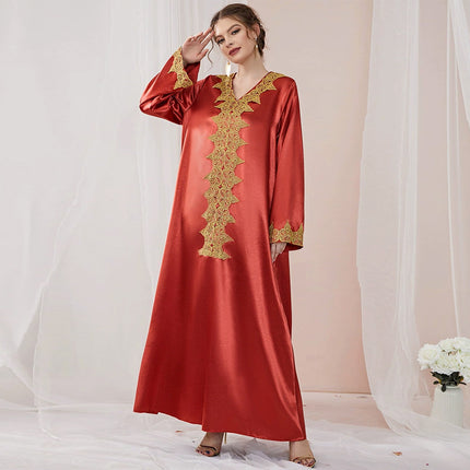 Wholesale Arab Middle East Muslim Women's Autumn Winter Lace Solid Color Robe