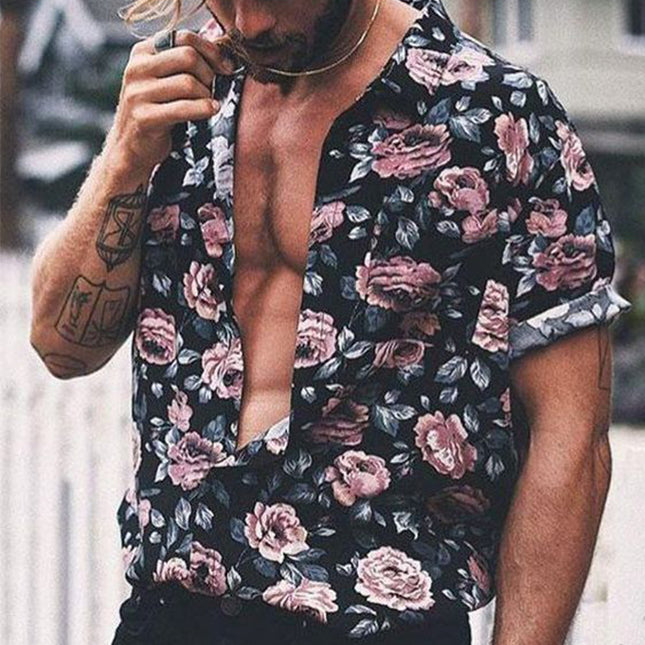 Wholesale Men's Summer Shirt Rose Print Short Sleeve Lapel Casual Top