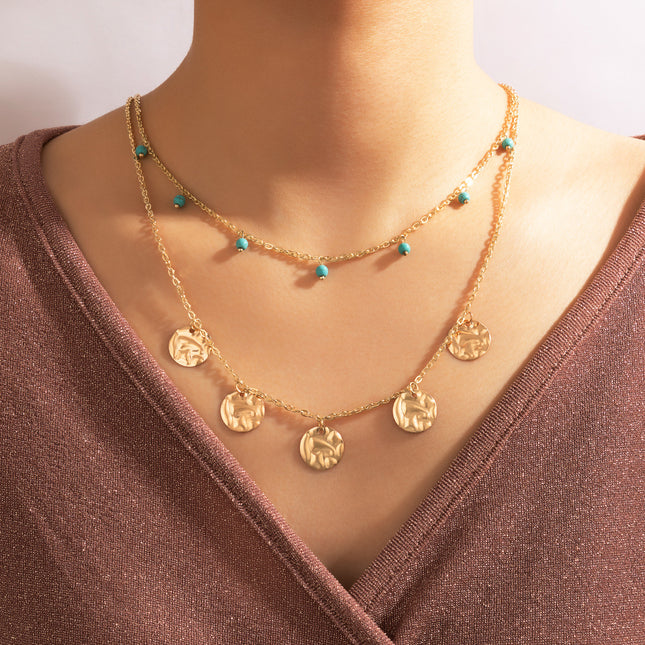 Wholesale Fashion Gold Alloy Disc Beaded Double Layer Necklace