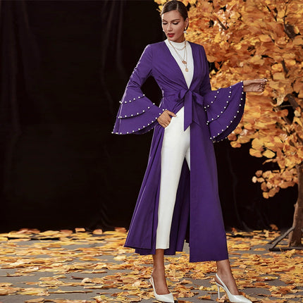 Damen-Cardigan-Kleid mit V-Ausschnitt, Glockenärmeln und hoher Taille