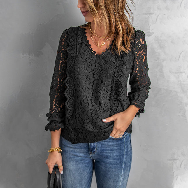 Wholesale Women's V Neck Loose Casual Long Sleeve Solid Color Lace Top