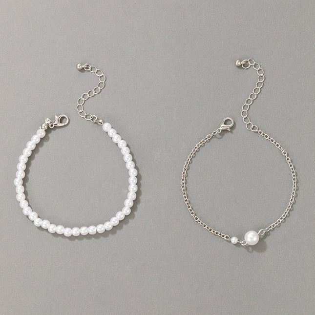 Pearl Beaded Bracelet Set of Two Geometric Chain Bracelet Set